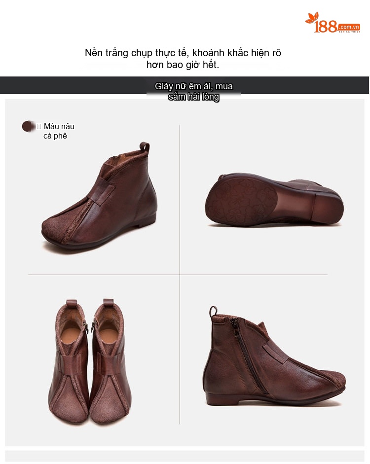 Boot Nữ Cổ Ngắn Da Mờ Phong Cách Retro Chiều Cao Đế Khoảng 1cm Màu Nâu, Vàng chi tiết 16
