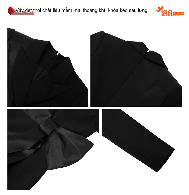 Đầm Vest Nữ Thiết Kế Cổ chữ Vạt Chéo, Chiết Eo Nơ, Hở Lưng Phong Cách Ulzzang Màu Đen chi tiết 4