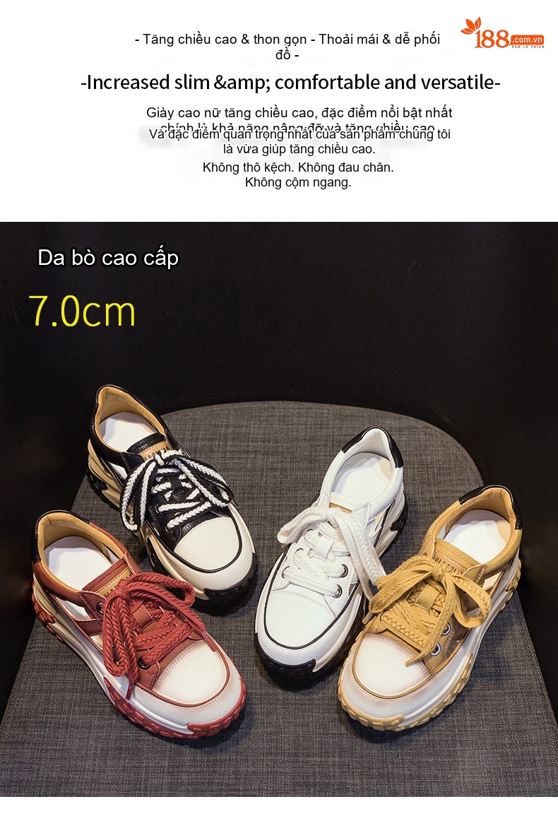Giày Sneaker Nữ Da Thật Lỗ Thoáng Khí Đế Dày Chiều Cao Đế Khoảng 5cm Màu Đỏ, Trắng, Vàng, Đen... chi tiết 2