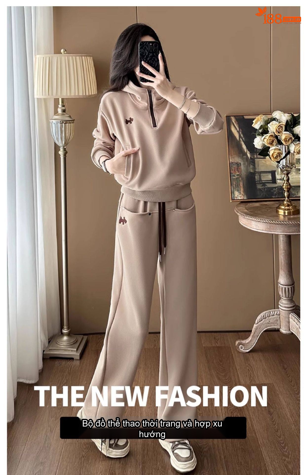 Bộ Đồ Thu Đông Nữ Áo Hoodie Quần Ống Rộng Phong Cách Hàn Quốc Màu Nâu, Be chi tiết 1