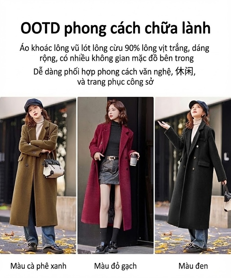 Áo Khoác Dáng Dài Nữ Chất Liệu Lông Vũ Dáng Áo Vest Màu Đỏ, Đen, Nâu chi tiết 15
