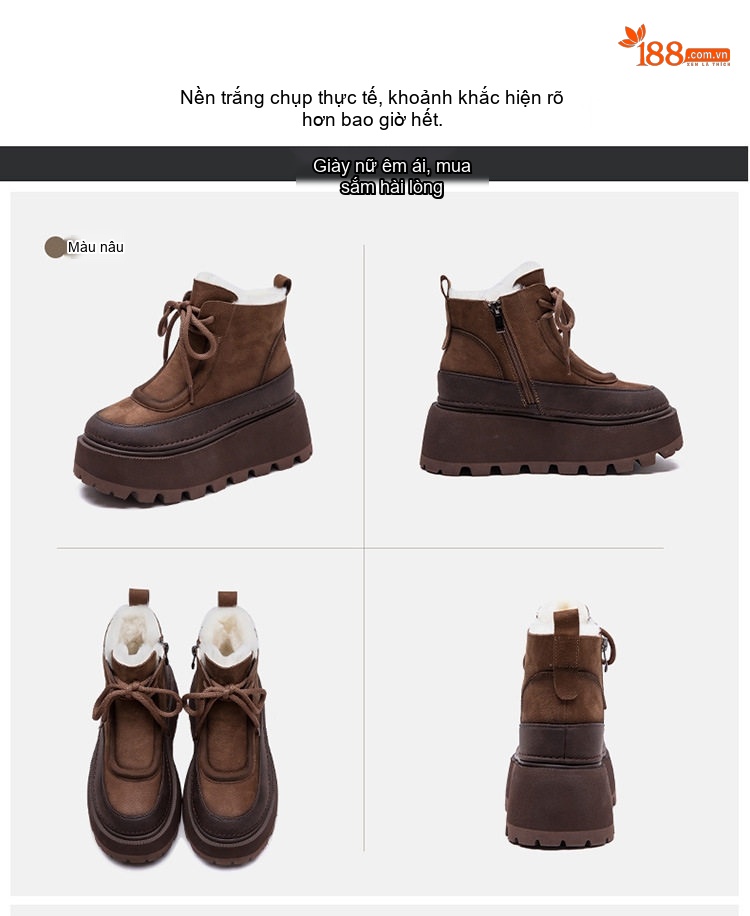 Boot Nữ Da Mờ Lông Cừu Non Mùa Đông Ấm Áp Chiều Cao Đế Khoảng 6cm Màu Nâu chi tiết 16