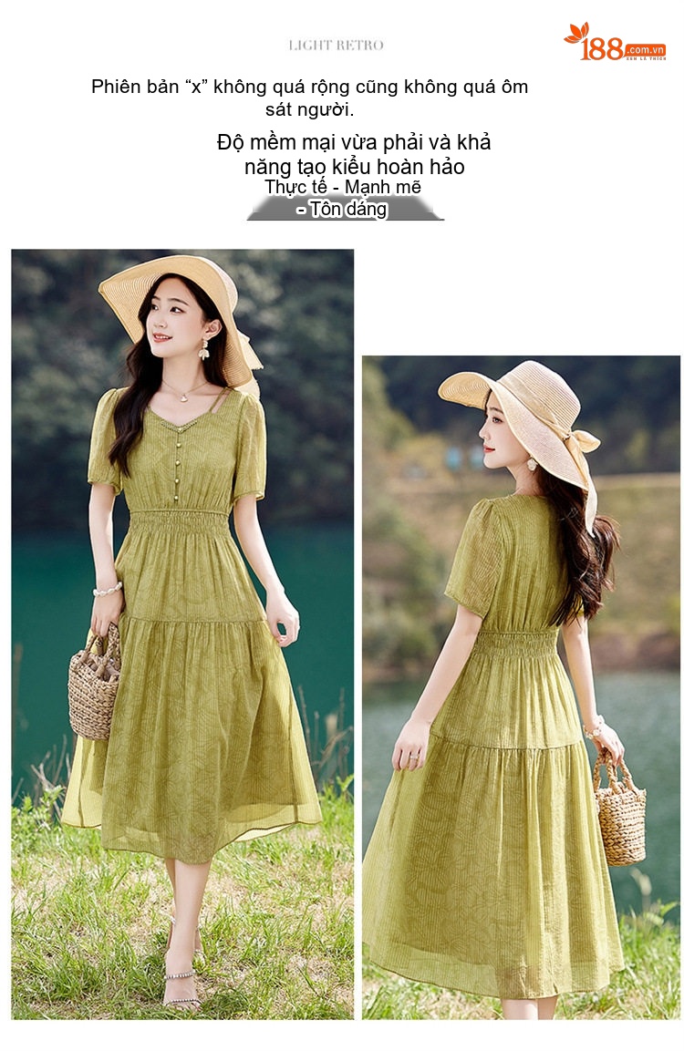 Váy Midi Nữ Tay Ngắn Thiết Kế Thanh Lịch Thoáng Mát Màu Be, Xanh Lá chi tiết 6