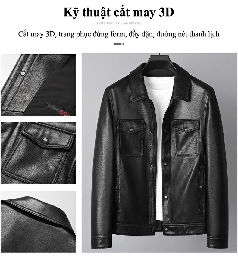 Áo Khoác Da Cừu Nam Cao Cấp Dáng Ngắn Cổ Bẻ Thời Trang Màu Đen chi tiết 6