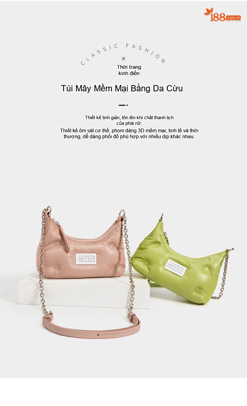 Túi Xách Nữ Da Cừu Vân Đám Mây Đeo Vai Kẹp Nách Dây Xích Màu Hồng, Xanh Lá chi tiết 2