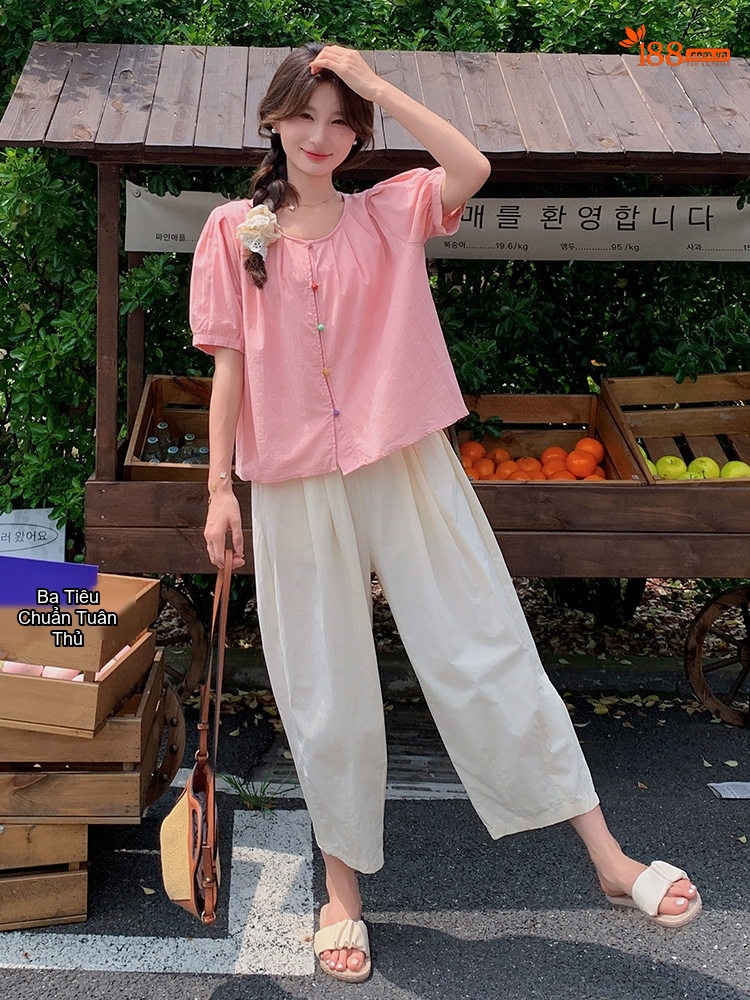 Set Áo Sơ Mi Tay Ngắn Cúc Màu Quần Ống Rộng Nữ Phong Cách Thời Trang Màu Hồng, Trắng