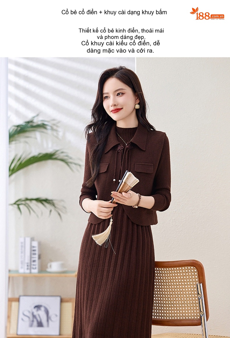 Váy Dệt Kim Dáng Ôm Thiết Kế Tay Dài Kèm Áo Khoác Gilê Bộ Hai Chiếc Màu Nâu, Be, Đỏ Rượu chi tiết 7