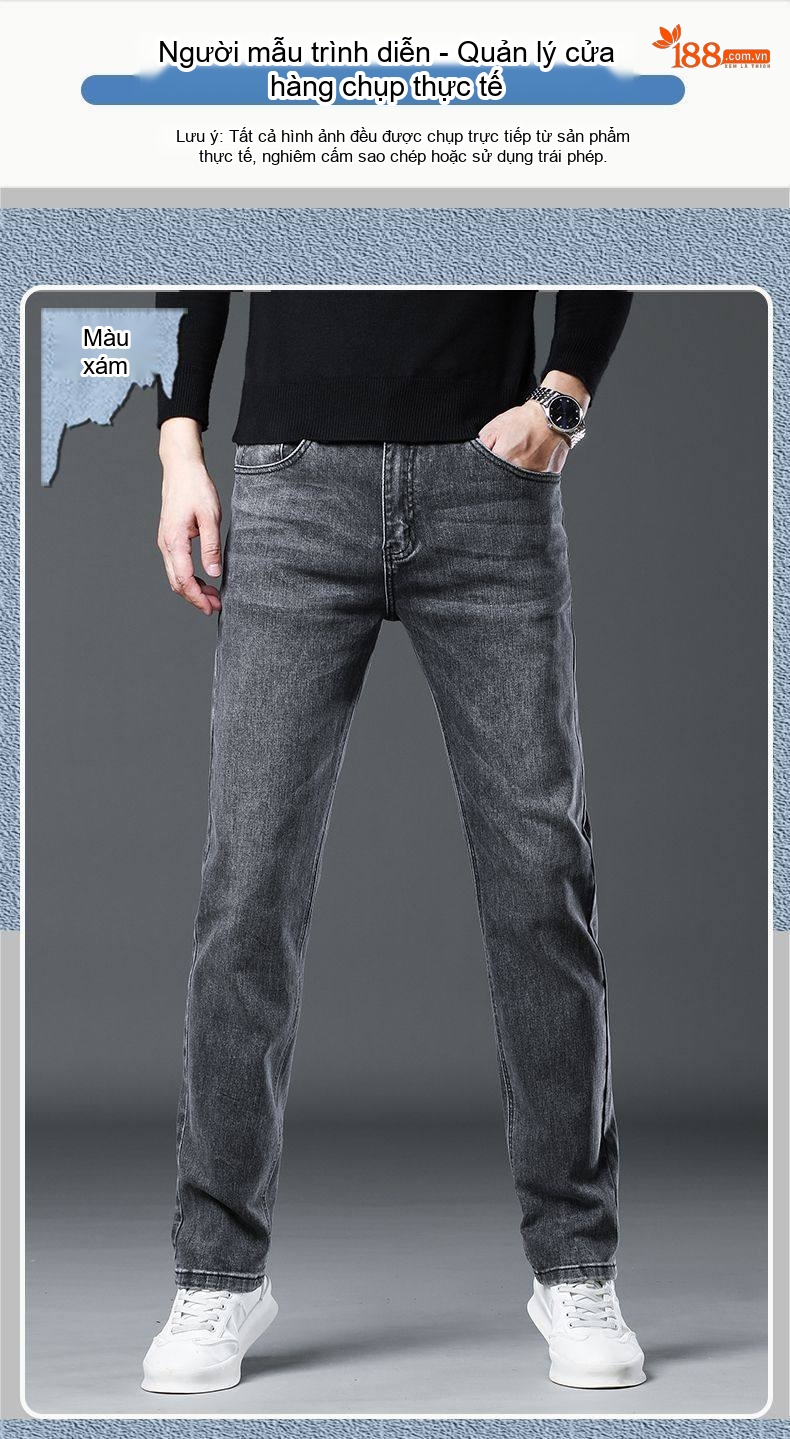 Quần Jean Nam Tencel Cotton Co Giãn Dáng Suông Thoáng Khí Cao Cấp Màu Xám chi tiết 10