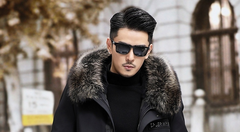 Áo Parka Nam Dáng Dài Lót Lông Thỏ Cổ Lông Lớn Màu Đen chi tiết 1