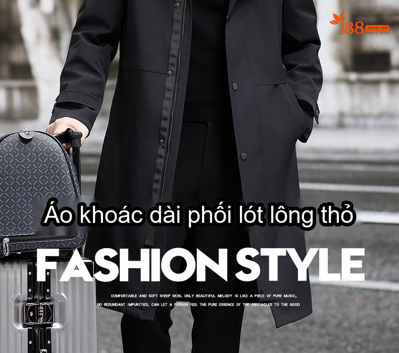 Áo Parka Nam Dáng Dài Lót Lông Thỏ Cổ Lông Lớn Màu Đen chi tiết 2
