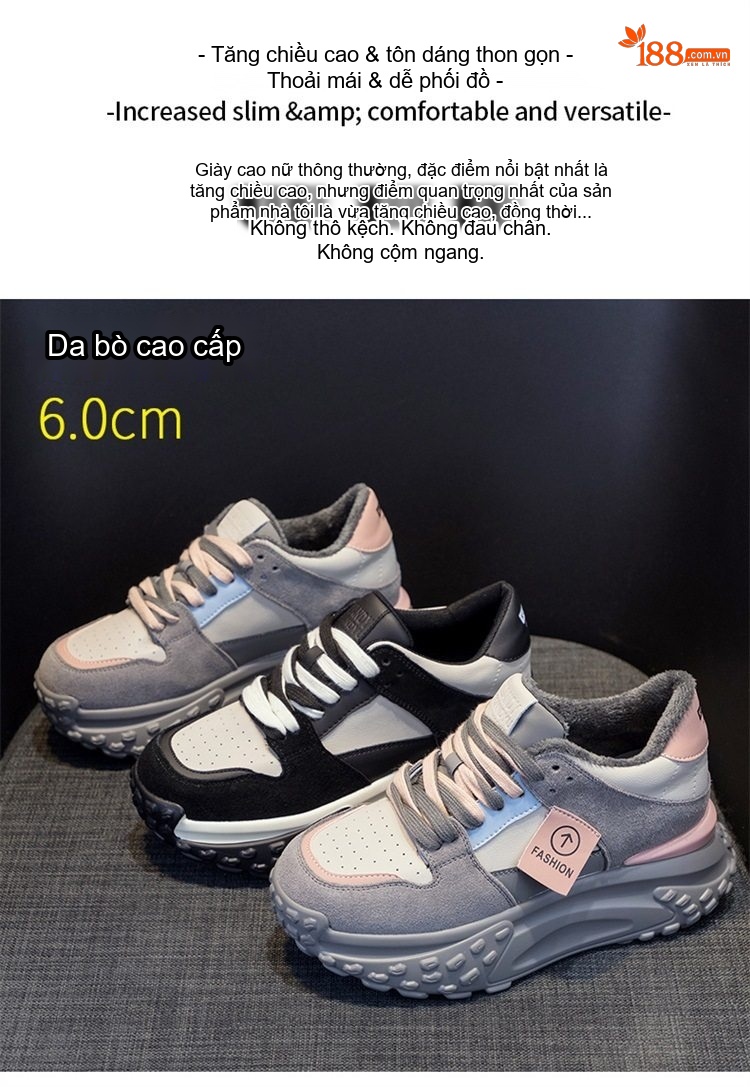 Giày Thể Thao Nữ Đế Dày Phong Cách Hàn Quốc Chiều Cao Đế Khoảng 5cm Màu Đen, Xám chi tiết 26