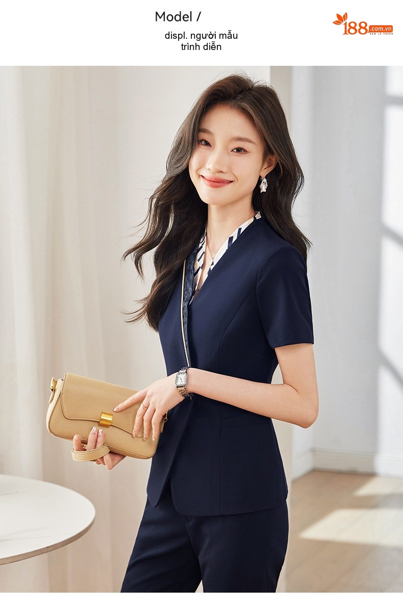 Bộ Vest Nữ Tay Ngắn Mỏng Mùa Hè Phong Cách Công Sở Thanh Lịch Màu Đen, Xanh Than chi tiết 15