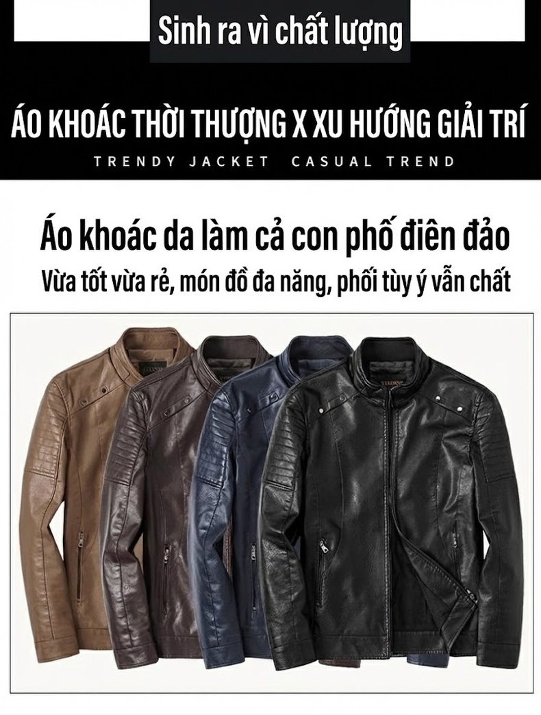 Áo Khoác Da PU Nam Hàn Quốc Dáng Ôm Thời Trang Thu Đông Màu Đen, Nâu, Xanh Navy chi tiết 13