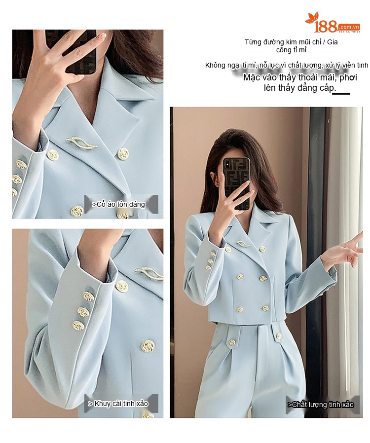 Bộ Vest Công Sở Nữ Dáng Ngắn Quần Dài/Chân Váy Màu Kaki, Đen, Xanh Dương chi tiết 4