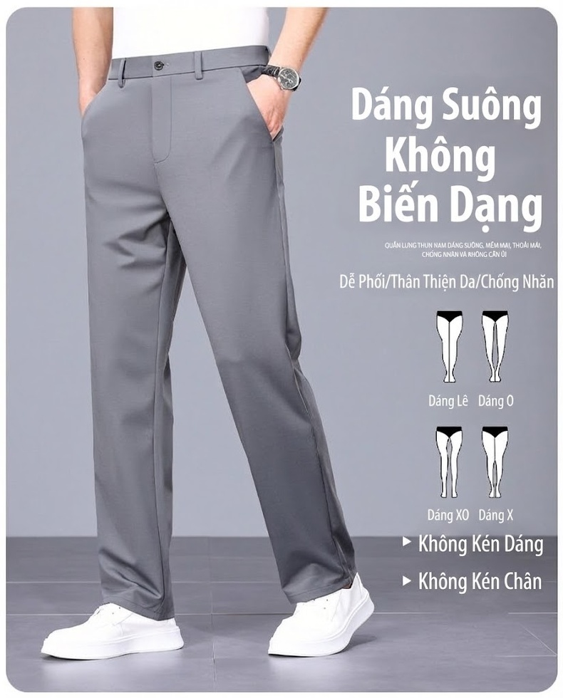 Quần Âu Nam Lụa Tơ Tằm Mỏng Mát Co Giãn Thoáng Khí Dáng Suông Màu Đen, Xám chi tiết 8