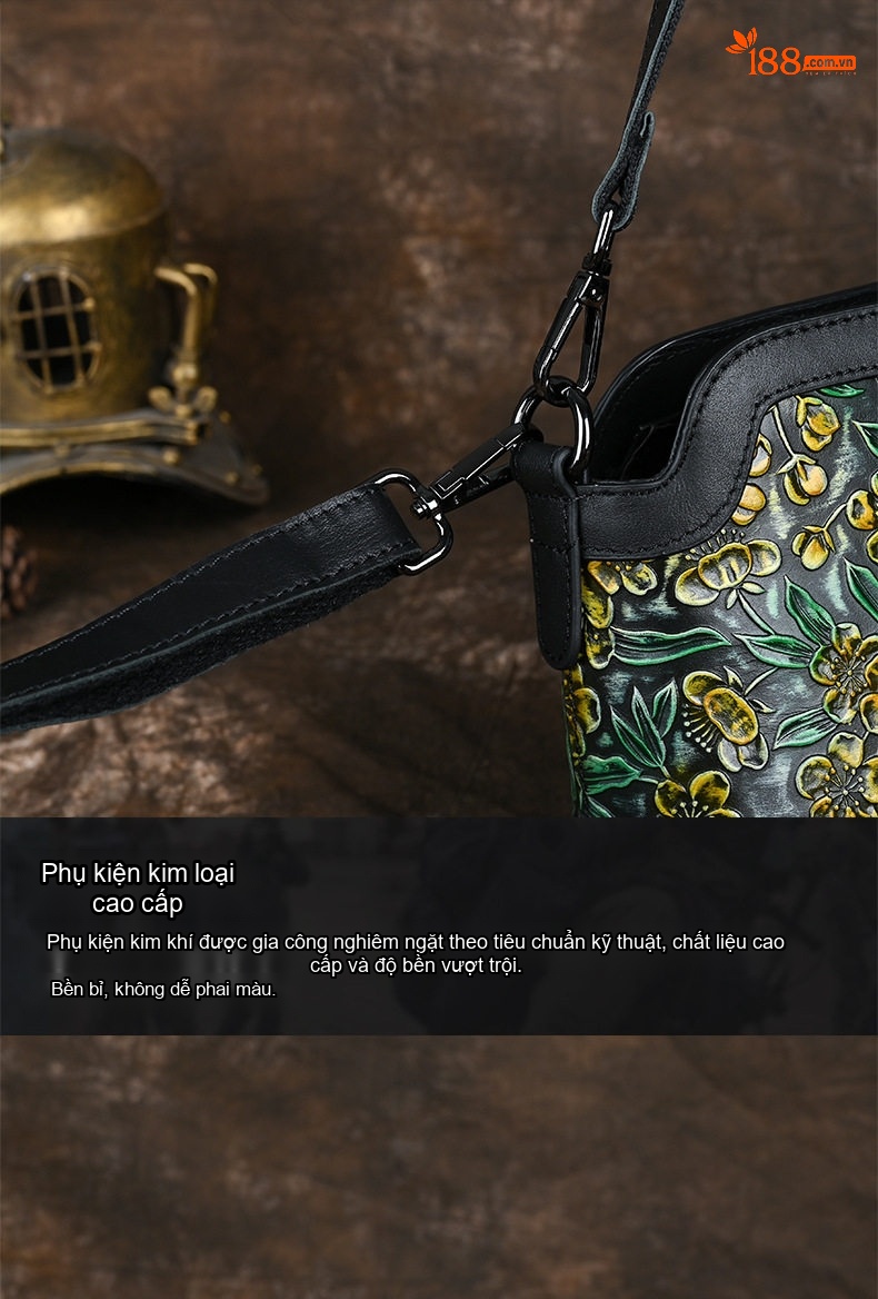 Túi Đeo Chéo Nữ Da Bò Dập Hoa Thủ Công Vintage Màu Đen, Xanh Lá, Vàng, Đỏ chi tiết 12