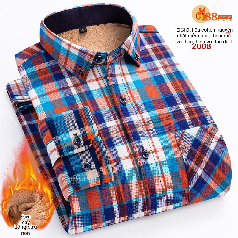 Áo Sơ Mi Nam Ca Rô Lông Cừu Non Cotton Dày Dặn Giữ Ấm Màu Đen, Đỏ, Xanh Dương, Xanh Lá...