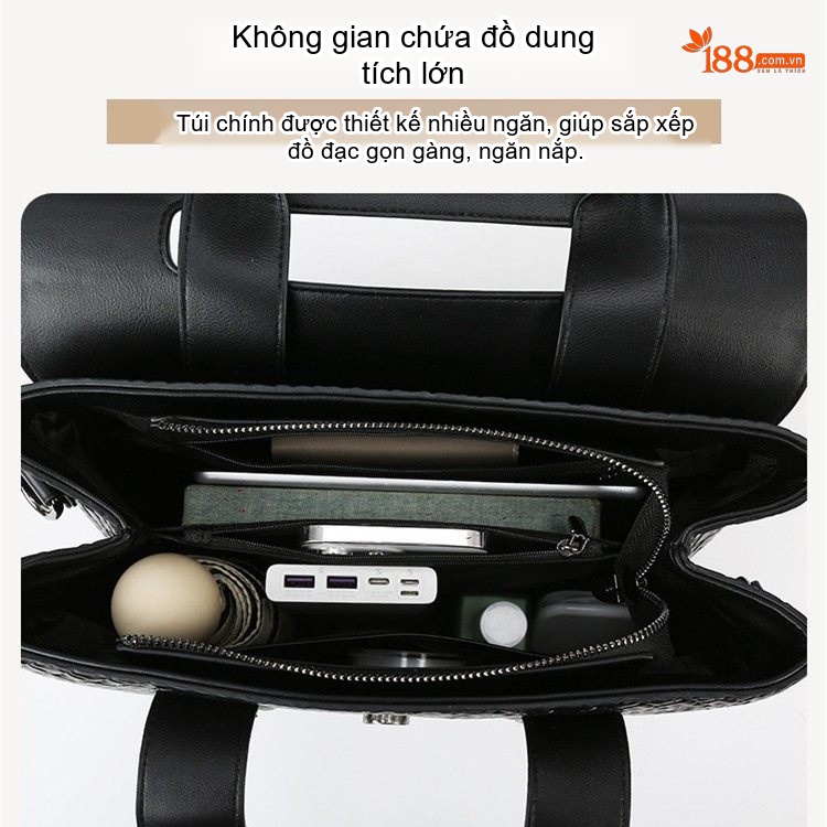 Túi Xách Tay Nữ Da Bóng Vân Đan Lớn Đựng Vừa Laptop Công Sở Màu Đen