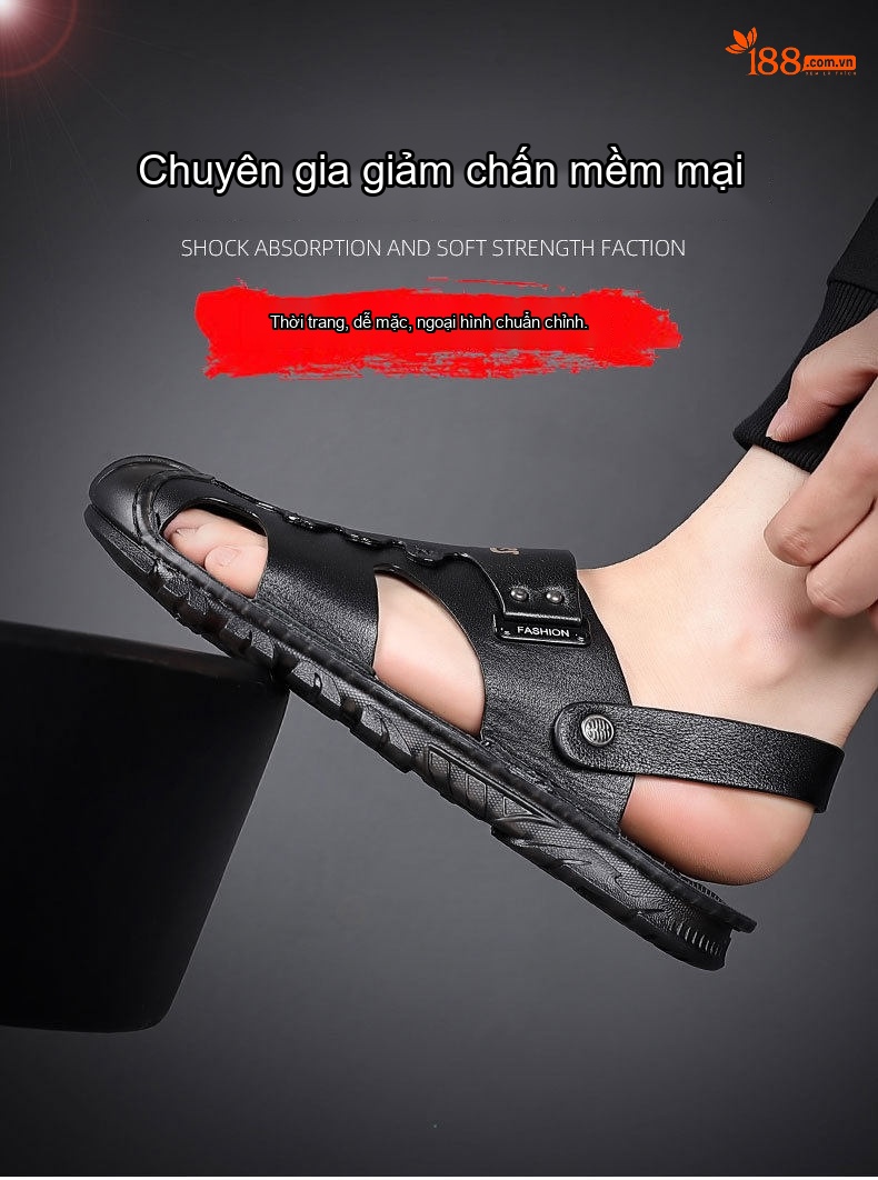 Dép Sandal Nam Da Bò Bít Mũi Thoáng Khí Chiều Cao Đế Khoảng 2cm Màu Nâu, Đen chi tiết 1