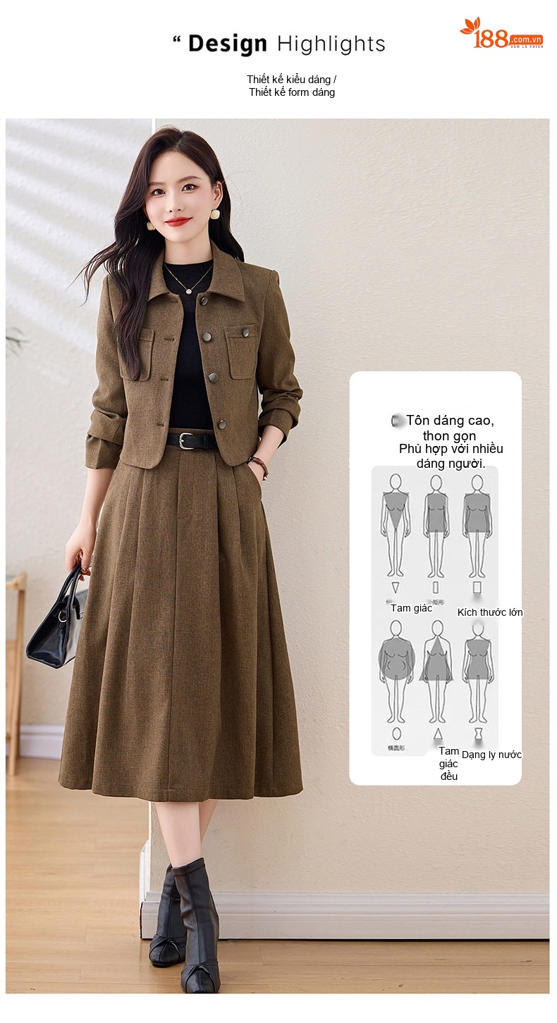 Set Áo Khoác Lửng và Chân Váy Midi Nữ Tính Thu Đông Kèm Thắt Lưng Màu Nâu chi tiết 5