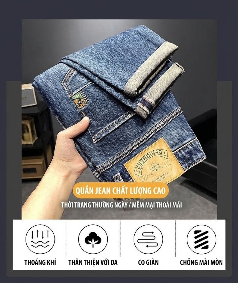 Quần Jean Nam Ống Đứng Dáng Ôm Vừa Vặn Thoải Mái Màu Xanh Dương chi tiết 9