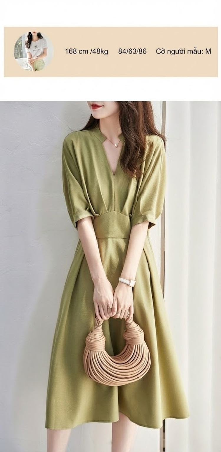 Váy liền thân Nữ Tay Ngắn Cổ chữ V Chữ A Thắt Eo Dáng Rớt Vai Màu Trắng, Hồng, Xanh... chi tiết 16
