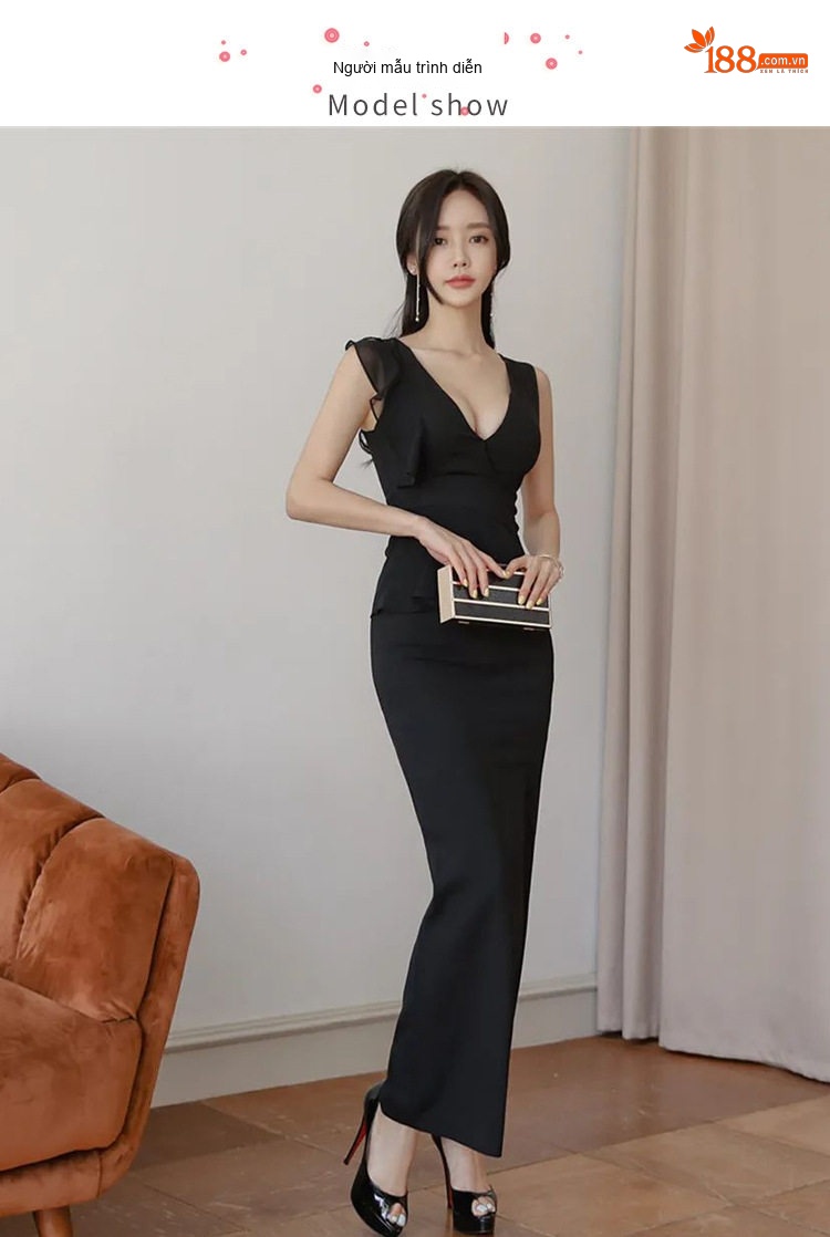 Váy Dự Tiệc Nữ Xẻ Tà Dáng Ôm Thanh Lịch Màu Đen chi tiết 1