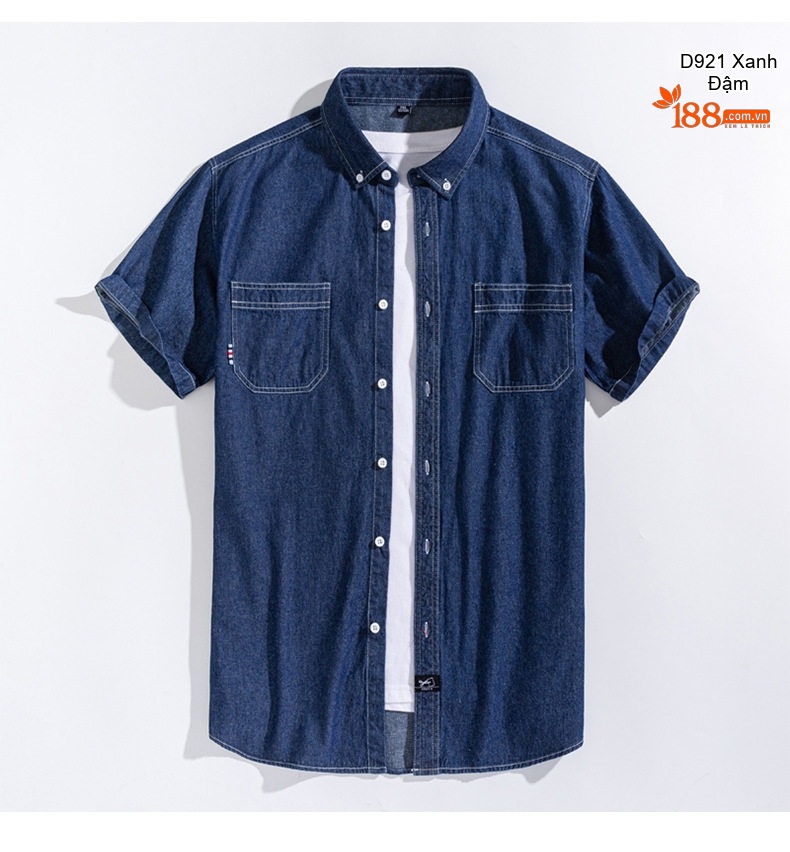 Áo Sơ Mi Tay Ngắn Cotton Denim Nam Phong Cách Hàn Quốc Màu Xanh Dương Nhạt, Xanh Dương Đậm chi tiết 5