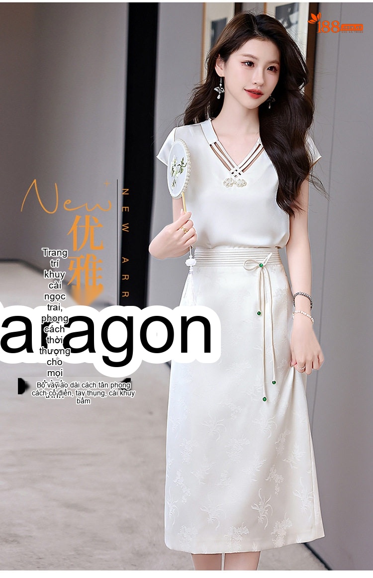 Set Bộ Áo và Chân Váy Chữ A Phong Cách Tân Cổ Điển Màu Đen, Trắng, Hồng chi tiết 1