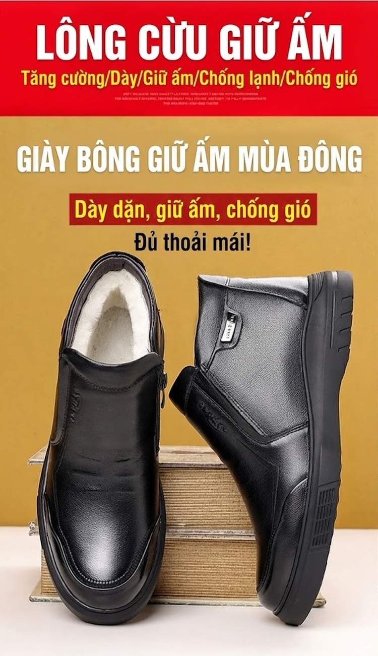 Giày Cao Cổ Nam Da Thật Lót Lông Cừu Giữ Ấm Chiều Cao Đế Khoảng 3cm Màu Đen chi tiết 3
