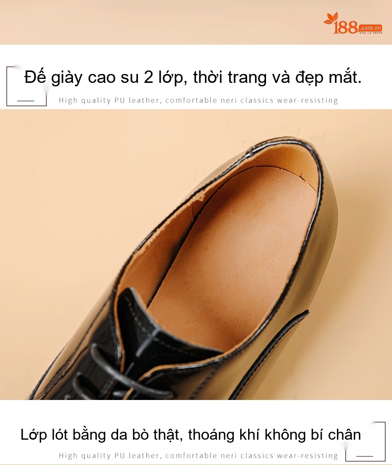 Giày Tây Oxford Nam Da Thật Kiểu Thủ Công Chiều Cao Đế Khoảng 3cm Màu Đen chi tiết 6
