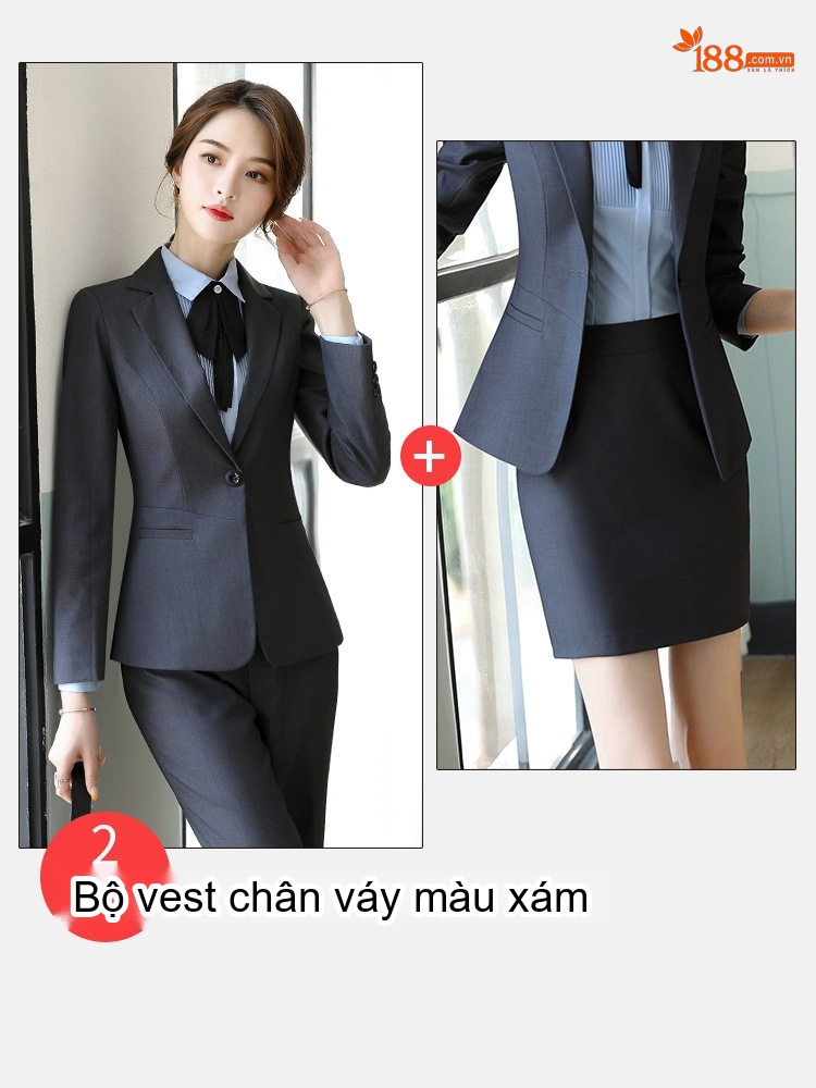 Bộ Vest Công Sở Nữ Quần/Chân Váy Áo Vest Thiết Kế Thời Trang Màu Xám, Đen