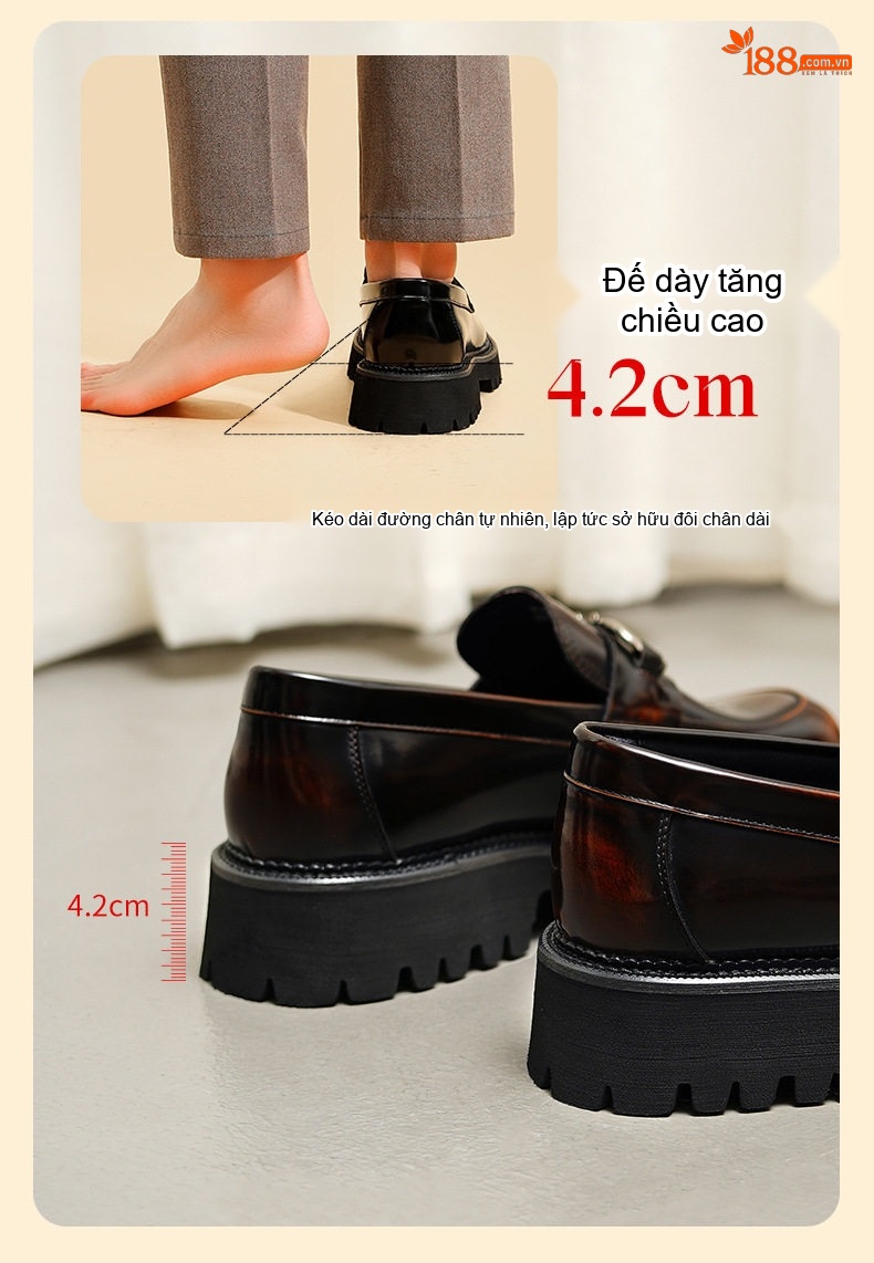 Giày Lười Nam Da Bóng Chiều Cao Đế Khoảng 4cm Màu Đen, Nâu Đỏ chi tiết 6
