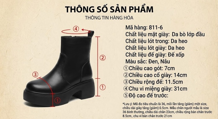 Boot Nữ Da Bò Cổ Cao Thắt Dây Phong Cách Âu Mỹ Chiều Cao Đế Khoảng 6cm Màu Đen, Nâu chi tiết 2