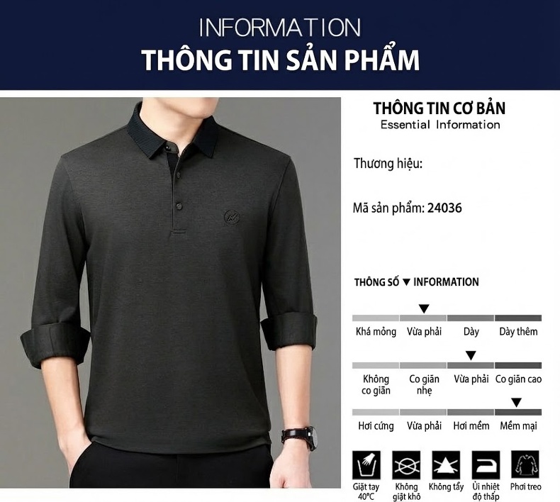 Áo Thun Polo Nam Tay Dài Cashmere Cổ Bẻ Phong Cách Doanh Nhân Màu Đen, Xám, Xanh Navy chi tiết 4