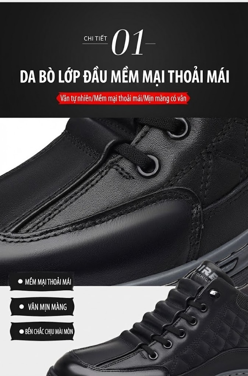 Giày Boot Nam Cao Cổ Lót Lông Cừu Giữ Ấm Chiều Cao Đế Khoảng 4cm Màu Đen chi tiết 16