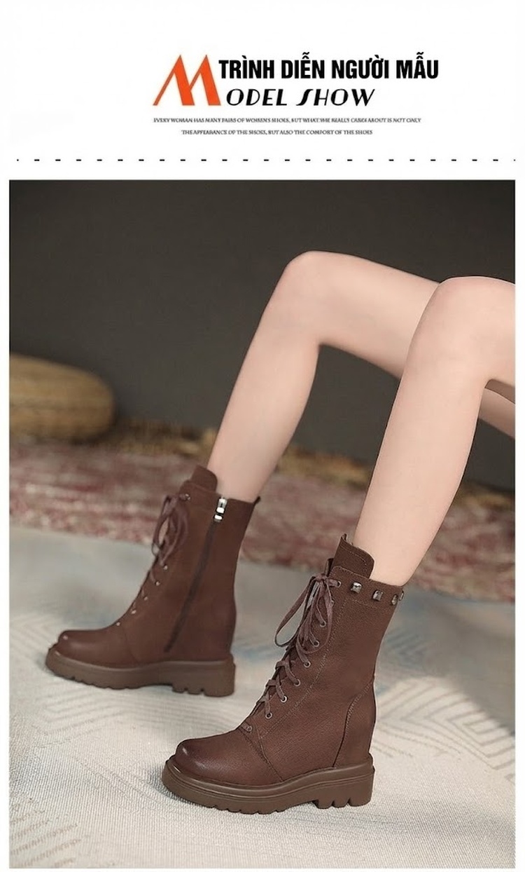 Boot Nữ Cổ Ngắn Đế Xuồng Dây Buộc Phong Cách Anh Quốc Chiều Cao Đế 10cm Màu Nâu, Đen chi tiết 4