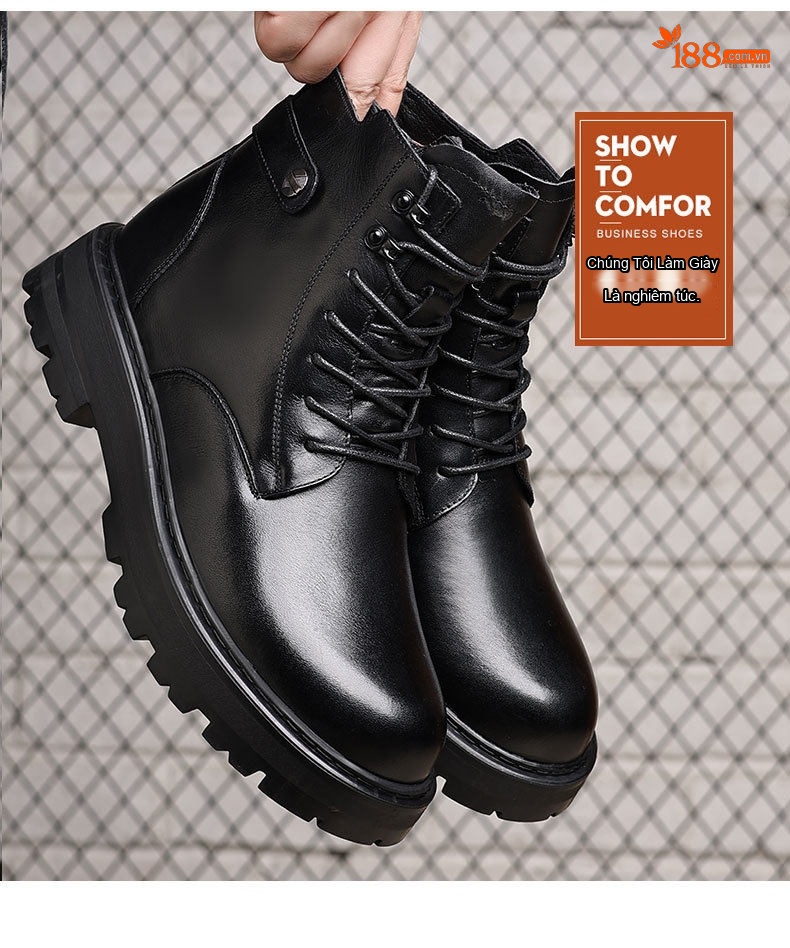Boot Martin Nam Da Bò Lót Lông Cừu Chiều Cao Đế Khoảng 4cm Màu Đen chi tiết 10