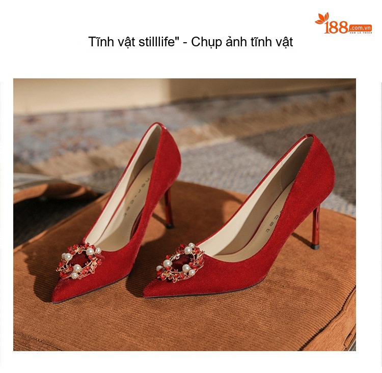 Giày Cao Gót Nữ Hở Lưng Nỉ Đính Đá Chiều Cao Đế Khoảng 8cm Màu Đỏ chi tiết 16