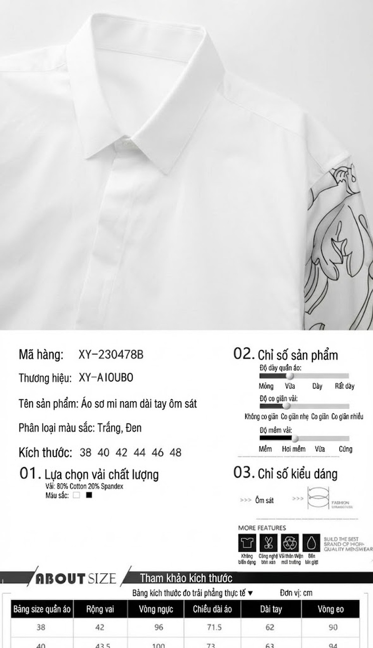 Áo Sơ Mi Nam Tay Dài In Họa Tiết Hoa Văn Cổ Điển Cotton Form Slimfit Thời Trang Màu Trắng, Đen chi tiết 2