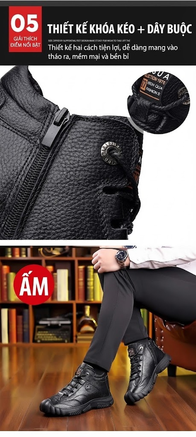 Giày Boot Nam Cao Cổ Da Mờ Lót Lông Ấm Áp Chiều Cao Đế Khoảng 3cm Màu Đen chi tiết 11