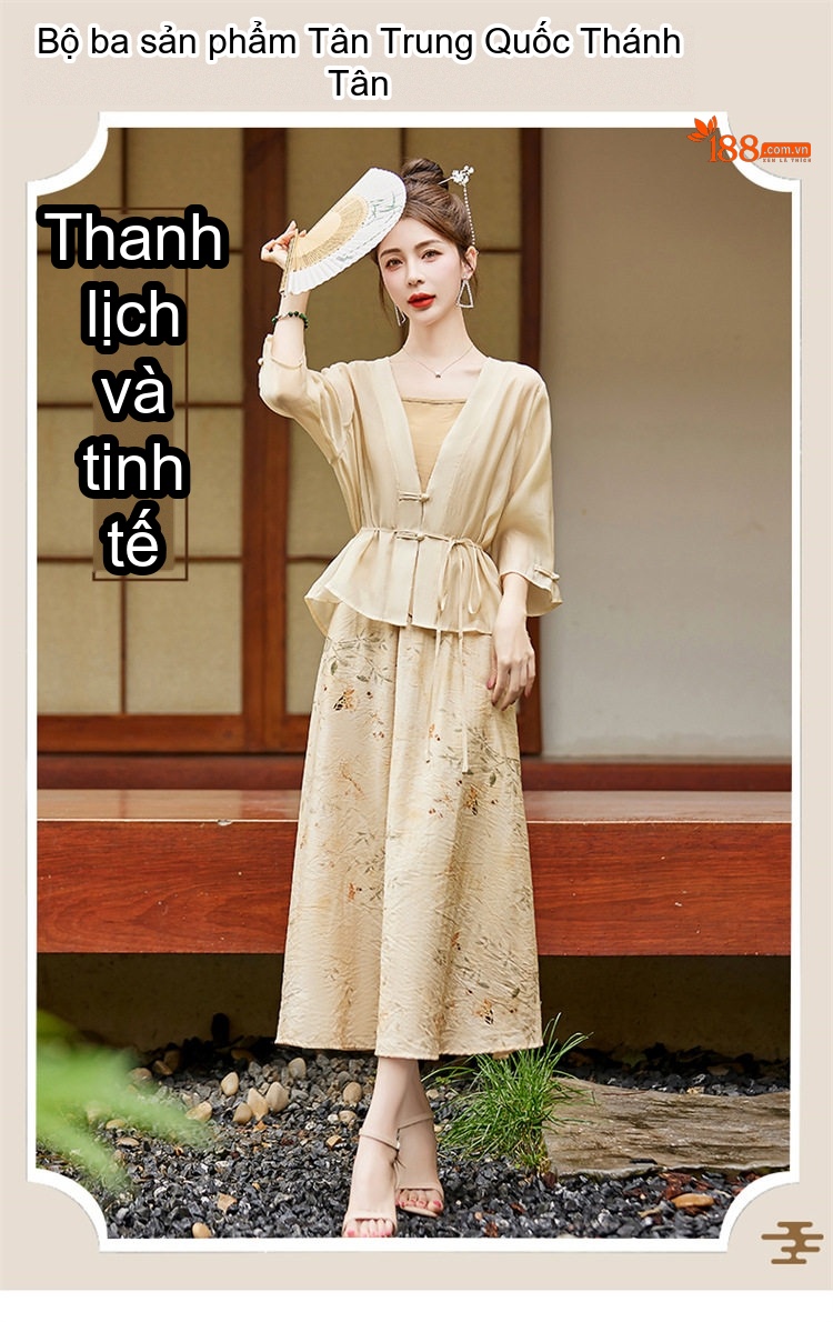 Set Áo Khoác Lửng Quần Áo Nữ In Hoa Phong Cách Trung Hoa Thanh Lịch Màu Be, Xanh chi tiết 1