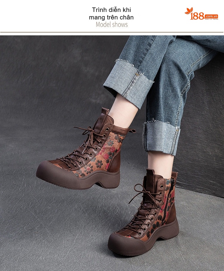 Giày Boot Nữ Cổ Cao Buộc Dây Họa Tiết Phong Cách Vintage Chiều Cao Đế Khoảng 4cm Màu Đen, Nâu chi tiết 7