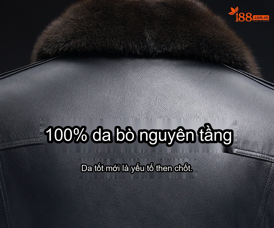Áo Khoác Da Nam Da Bò Cổ Lông Chồn Dáng Bomber Lót Lông Dày Dặn Màu Đen chi tiết 3