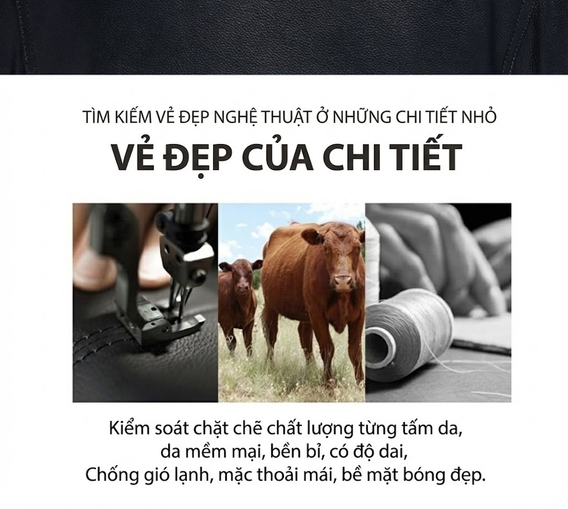 Áo Khoác Da Nam Da Bò Cổ Lông Chồn Dáng Bomber Lót Lông Dày Dặn Màu Đen chi tiết 4