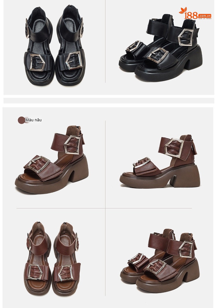 Giày Sandal Cao Gót Nữ Đầu Cá Da Bò Khóa Lớn Gót Cao 8cm Màu Nâu, Trắng, Đen chi tiết 16