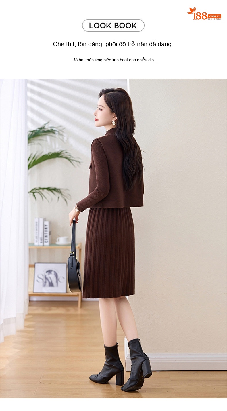 Váy Dệt Kim Dáng Ôm Thiết Kế Tay Dài Kèm Áo Khoác Gilê Bộ Hai Chiếc Màu Nâu, Be, Đỏ Rượu chi tiết 10