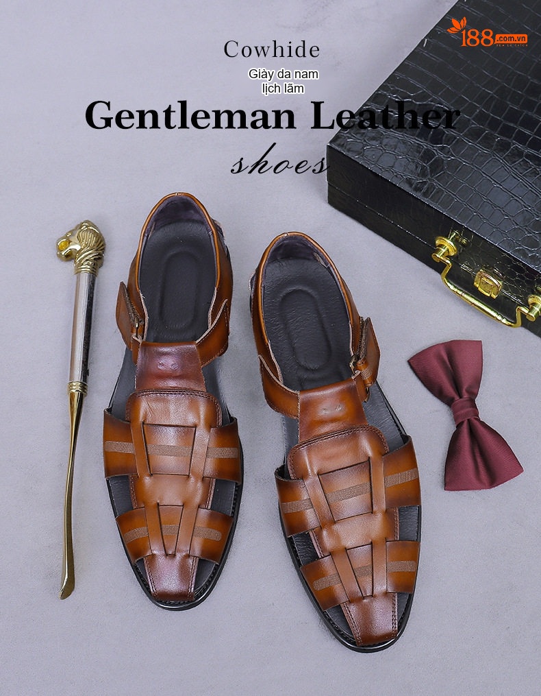 Sandal Nam Da Bò Chiều Cao Đế Khoảng 2cm Quai Khóa Màu Nâu, Đen chi tiết 1