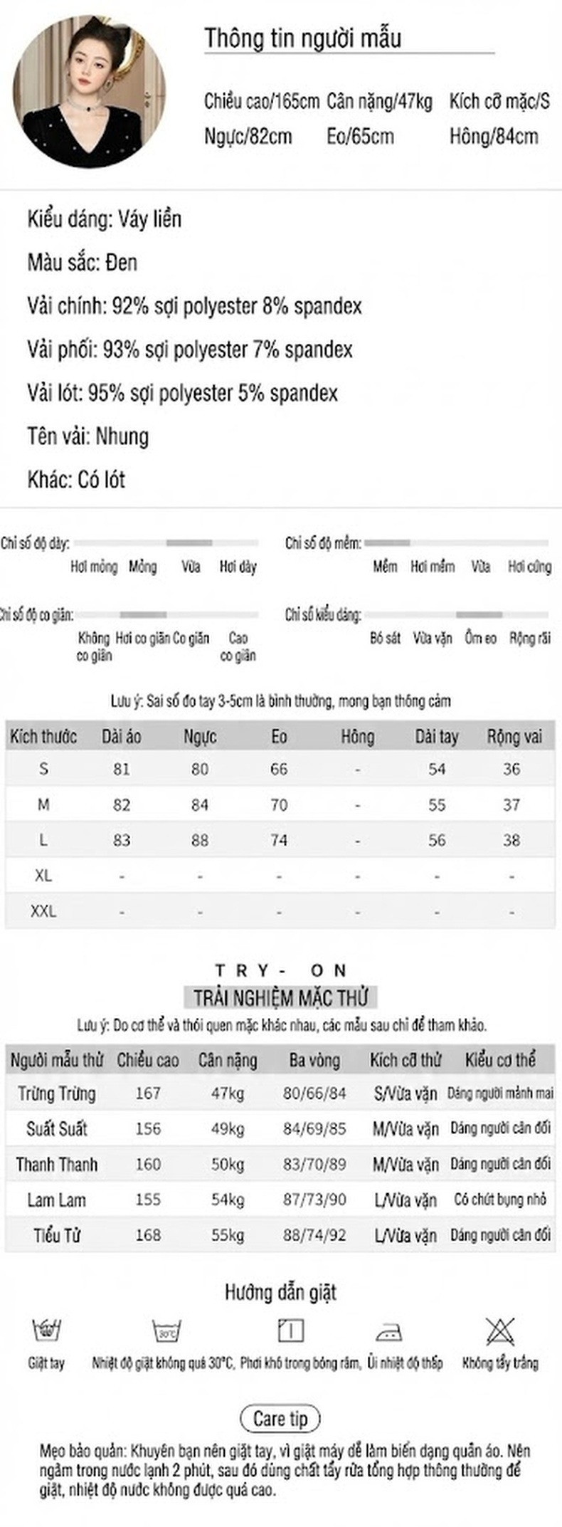 Váy Đầm Nữ Vải Nhung Cổ chữ V Tay Dài Ôm Dáng Phong Cách Pháp Màu Đen chi tiết 2