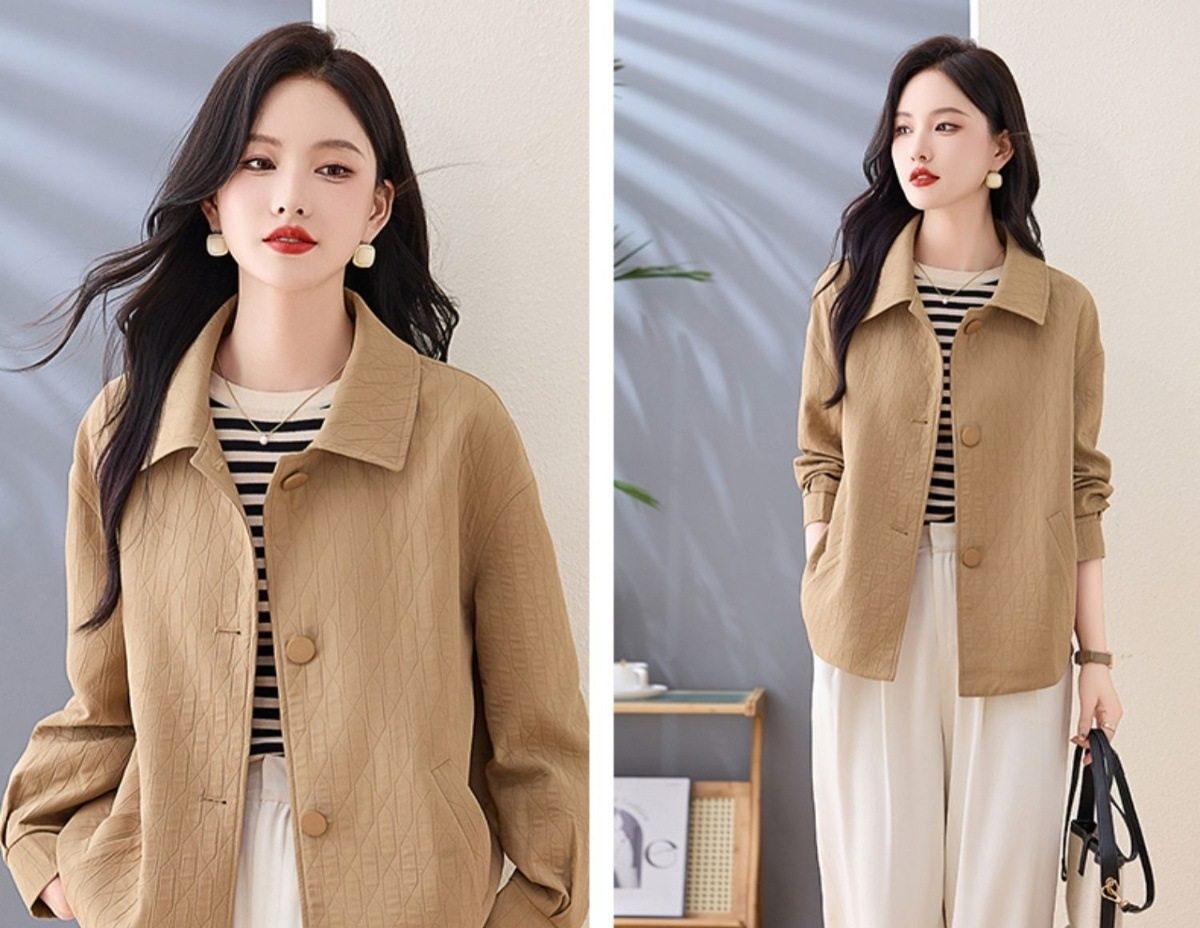 Áo Khoác Nữ Cổ Bẻ Kiểu Hàn Quốc Dáng Ngắn Rộng Tay Dài Màu Be chi tiết 27